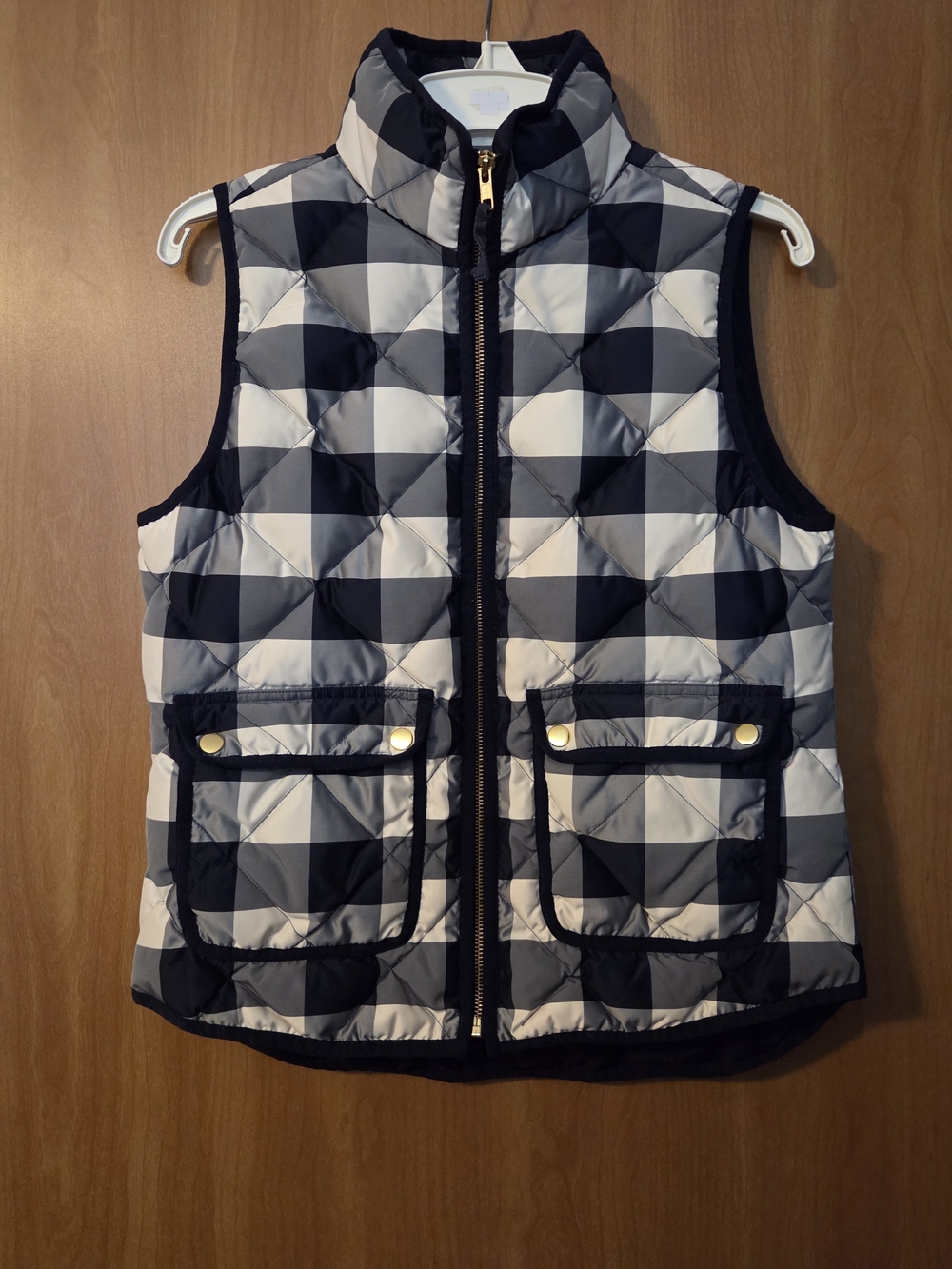 J. CREW Navy Blue and Light Cream Check Quilted Puffer Vest Size S Pockets